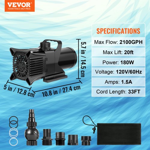 VEVOR Submersible Water Pump 2100GPH Pond Pump 20FT 180W for Waterfall Fountain