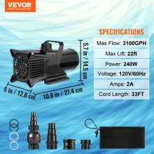 VEVOR Submersible Water Pump 3100GPH Pond Pump 22FT 240W for Waterfall Fountain