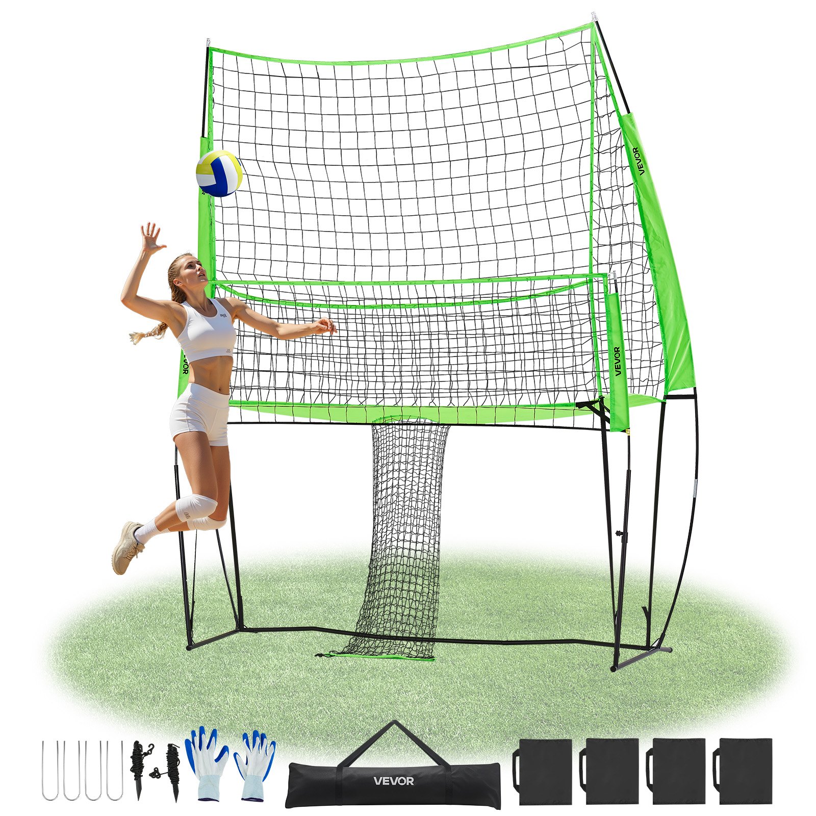 VEVOR Volleyball Training Net System, Freely Height-Adjustable Practice Equipment with Ball Return, 8x11ft Portable Net Station, Easy Setup for Backyard Indoor Outdoor Serving Spiking Improve Accuracy