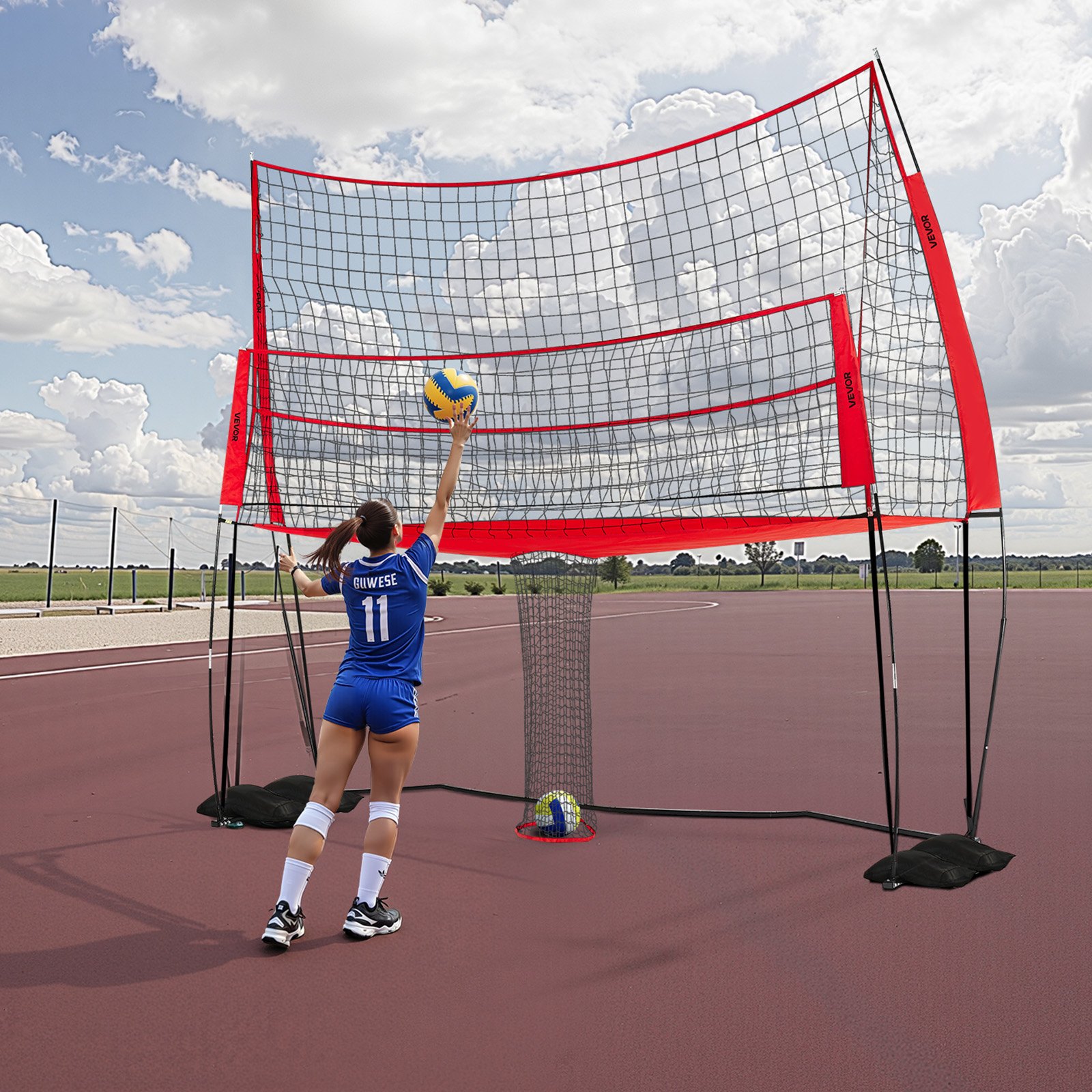 VEVOR 2-in-1 Volleyball Training Net System, Freely Height-Adjustable Practice Equipment with Ball Return, Portable Net Station, Easy Setup for Backyard Indoor Outdoor Serving Spiking Improve Accuracy