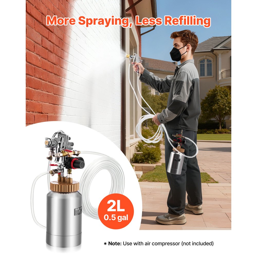 VEVOR Spray Paint Pressure Pot, 0.5 Gal/2 L Pressure Pot Paint Sprayer, φ1.8mm + φ3mm Two Spray Guns Central Pneumatic Sprays Gun with Two 9.8 FT/3 m Hoses for Furniture, Car, Fence, Max 45 Psi