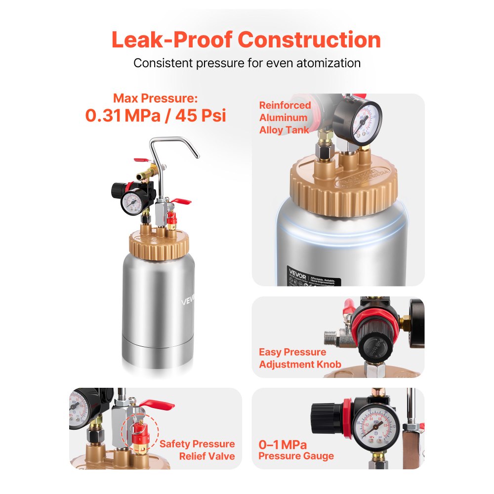 VEVOR Spray Paint Pressure Pot, 0.5 Gal/2 L Pressure Pot Paint Sprayer, φ1.8mm + φ3mm Two Spray Guns Central Pneumatic Sprays Gun with Two 9.8 FT/3 m Hoses for Furniture, Car, Fence, Max 45 Psi