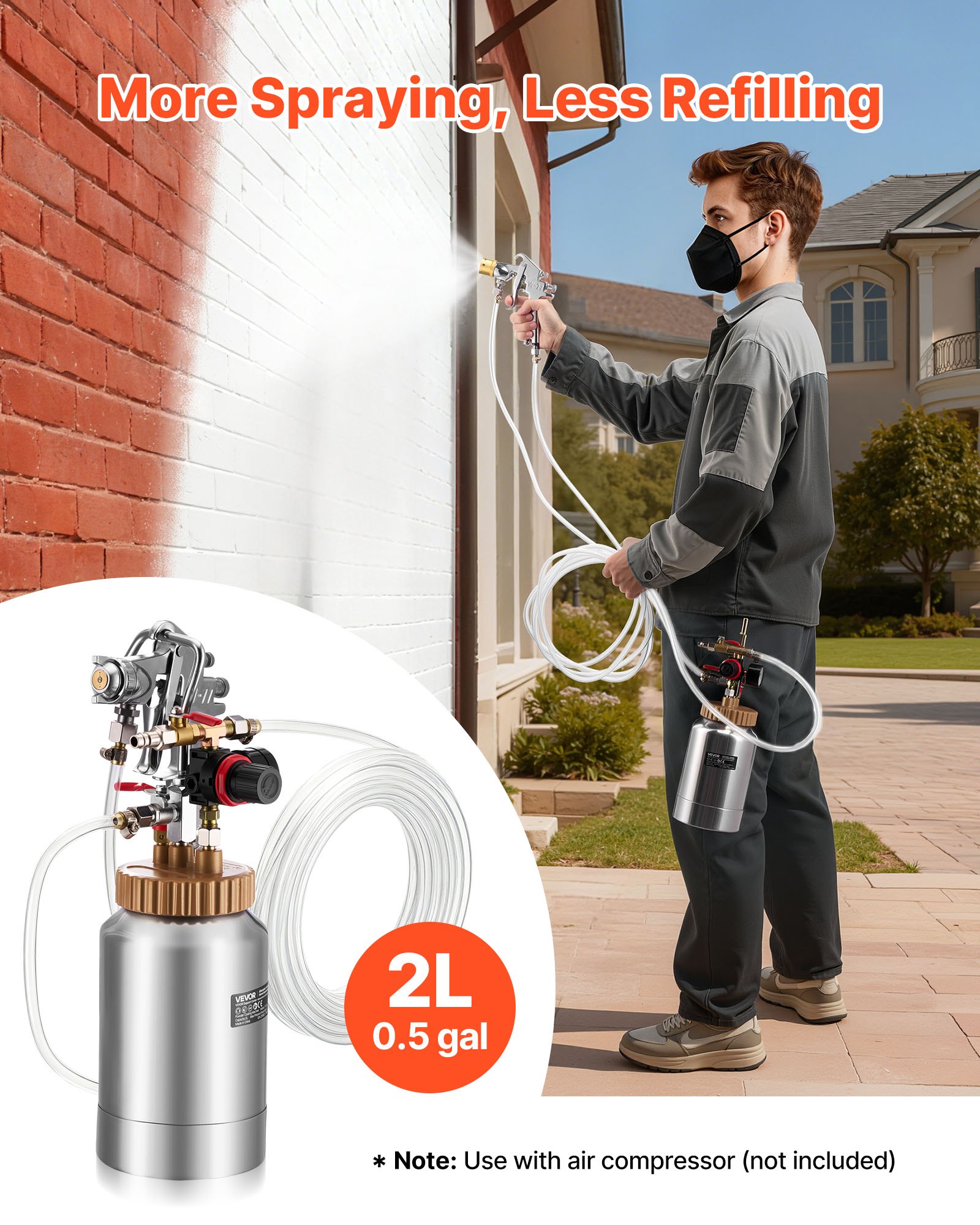 VEVOR Spray Paint Pressure Pot, 0.5 Gal/2 L Pressure Pot Paint Sprayer, φ1.8mm + φ3mm Two Spray Guns Central Pneumatic Sprays Gun with Two 9.8 FT/3 m Hoses for Furniture, Car, Fence, Max 45 Psi
