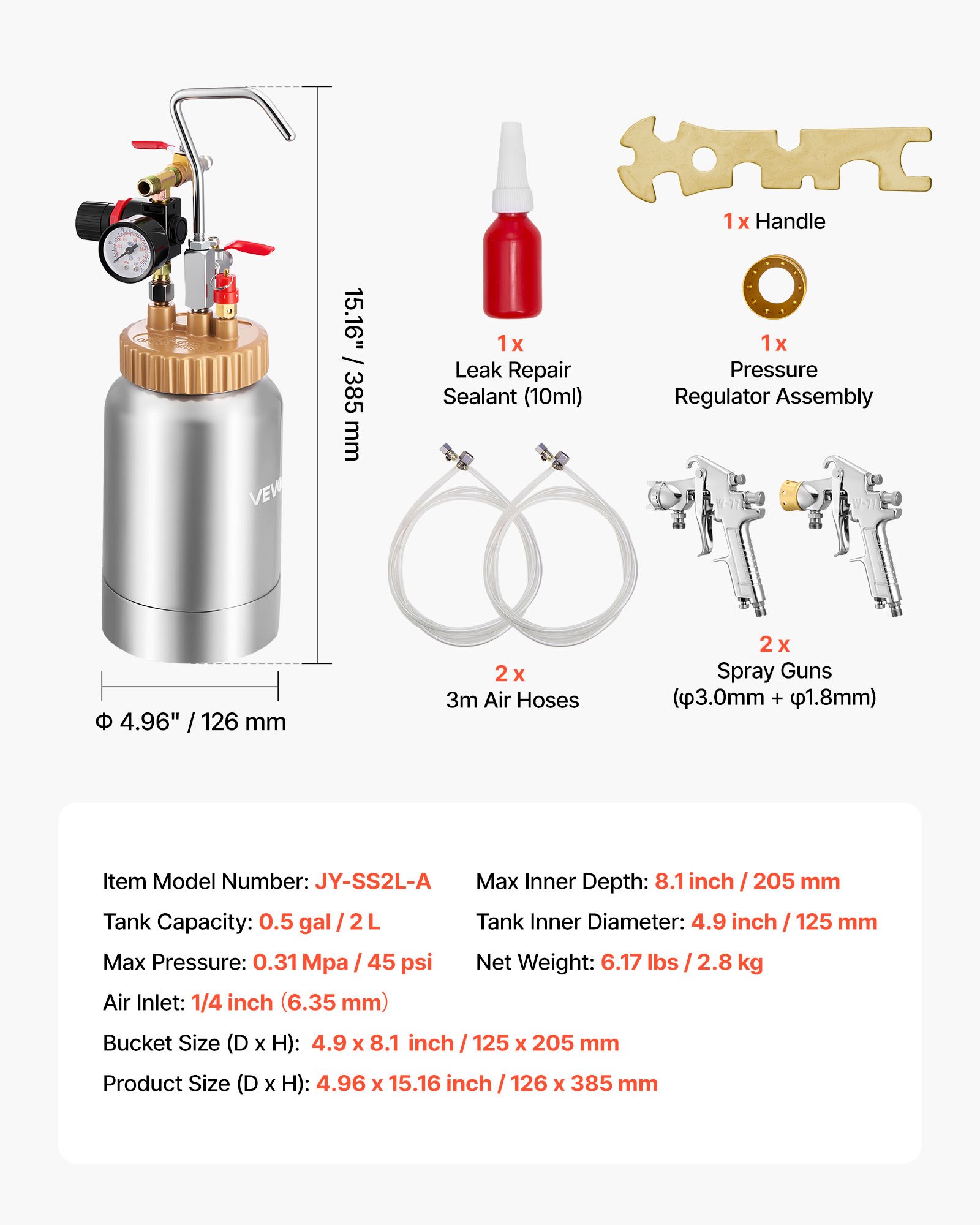 VEVOR Spray Paint Pressure Pot, 0.5 Gal/2 L Pressure Pot Paint Sprayer, φ1.8mm + φ3mm Two Spray Guns Central Pneumatic Sprays Gun with Two 9.8 FT/3 m Hoses for Furniture, Car, Fence, Max 45 Psi