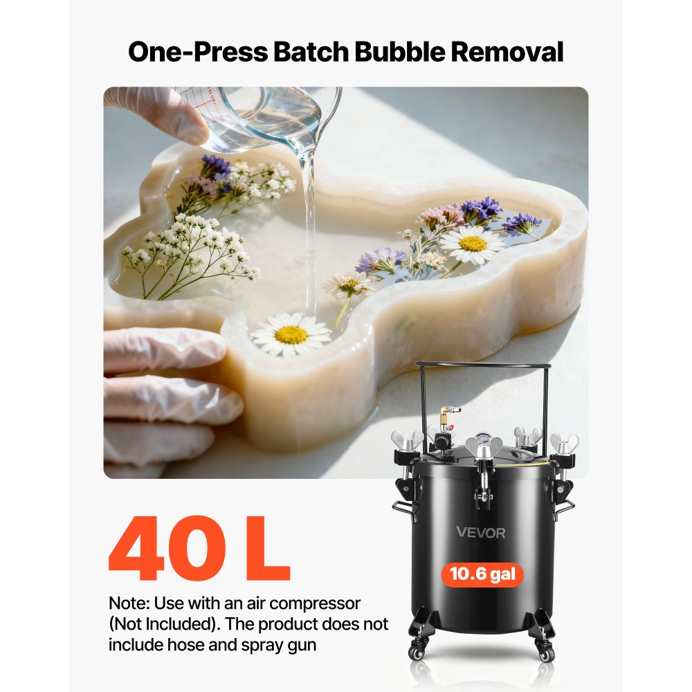 VEVOR Pressure Pot Paint Tank, 10.6 Gal/40 L Heavy Duty Steel Pressure Pot Tank, Spray Paint Pressures Pots with Three Quick-Connect Couplers for Home Use, DIY, Art Creations, Large-Diameter Tanks