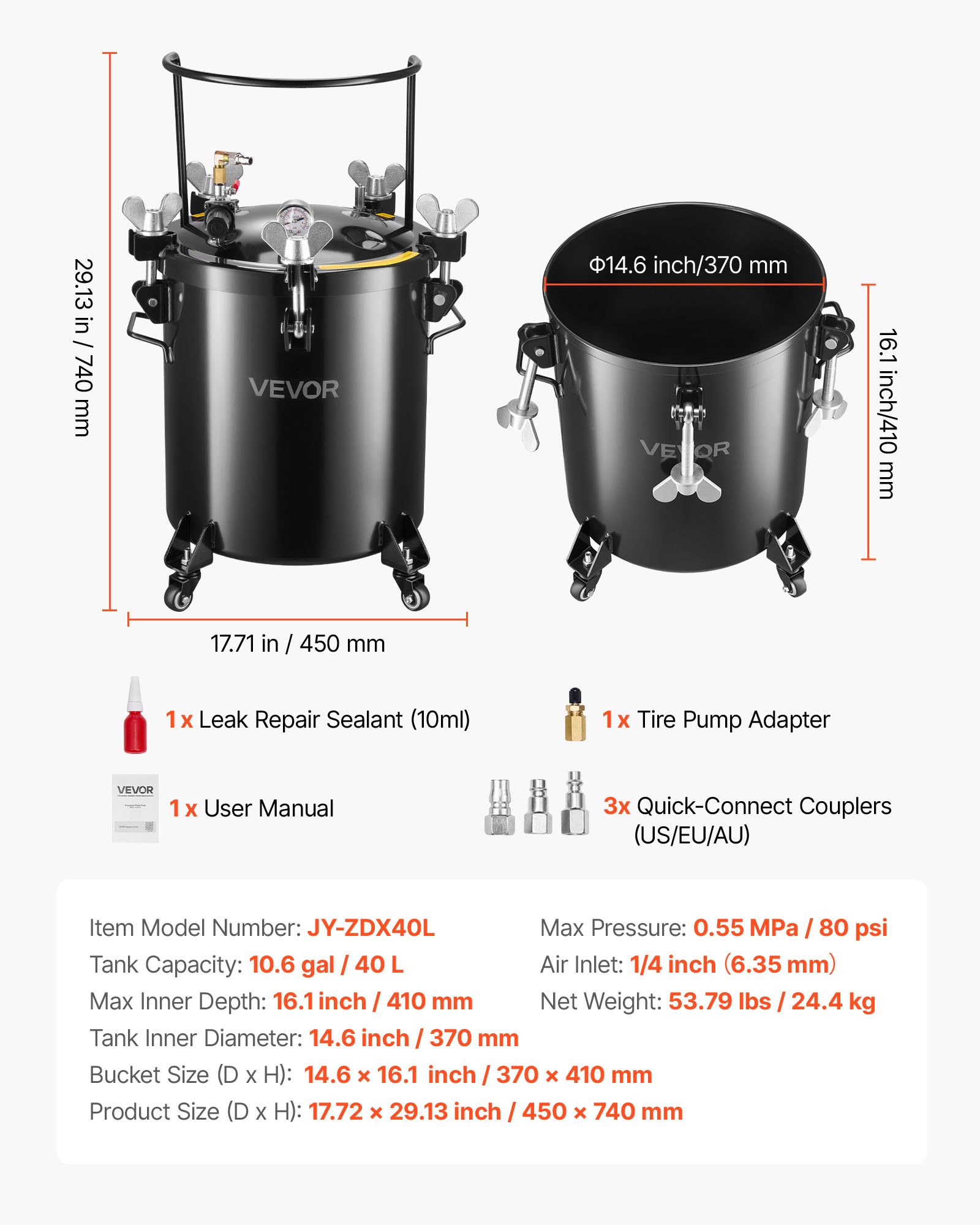 VEVOR Pressure Pot Paint Tank, 10.6 Gal/40 L Heavy Duty Steel Pressure Pot Tank, Spray Paint Pressures Pots with Three Quick-Connect Couplers for Home Use, DIY, Art Creations, Large-Diameter Tanks