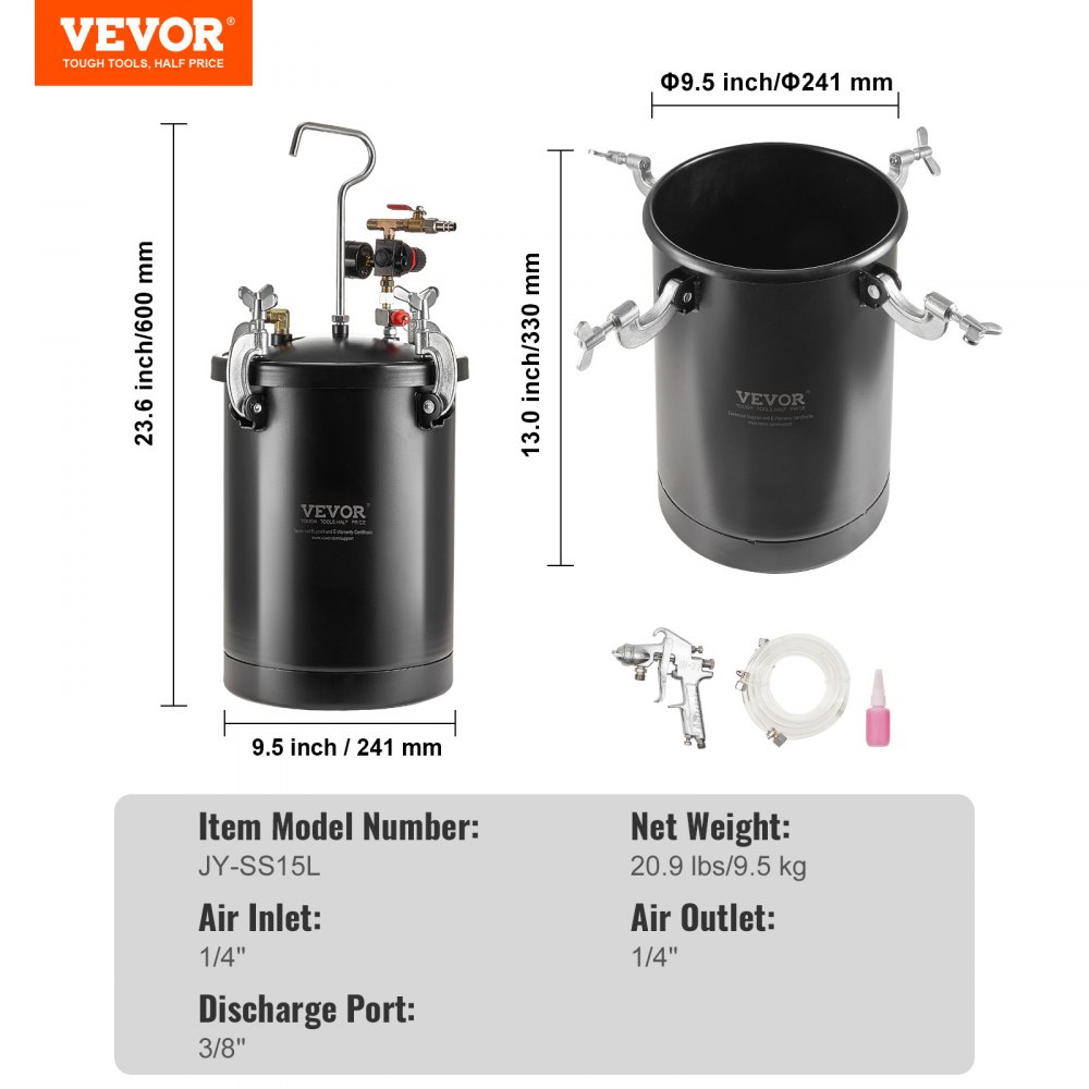 VEVOR Spray Paint Pressure Pot, 15L/3.75gal Pressure Pot Tank, 60 psi Adjustale Pressure, Steel Pressure Pot Paint Tank with Spray Gun, Hoses, Pressure Gauge, for Home Decor and Industry Painting