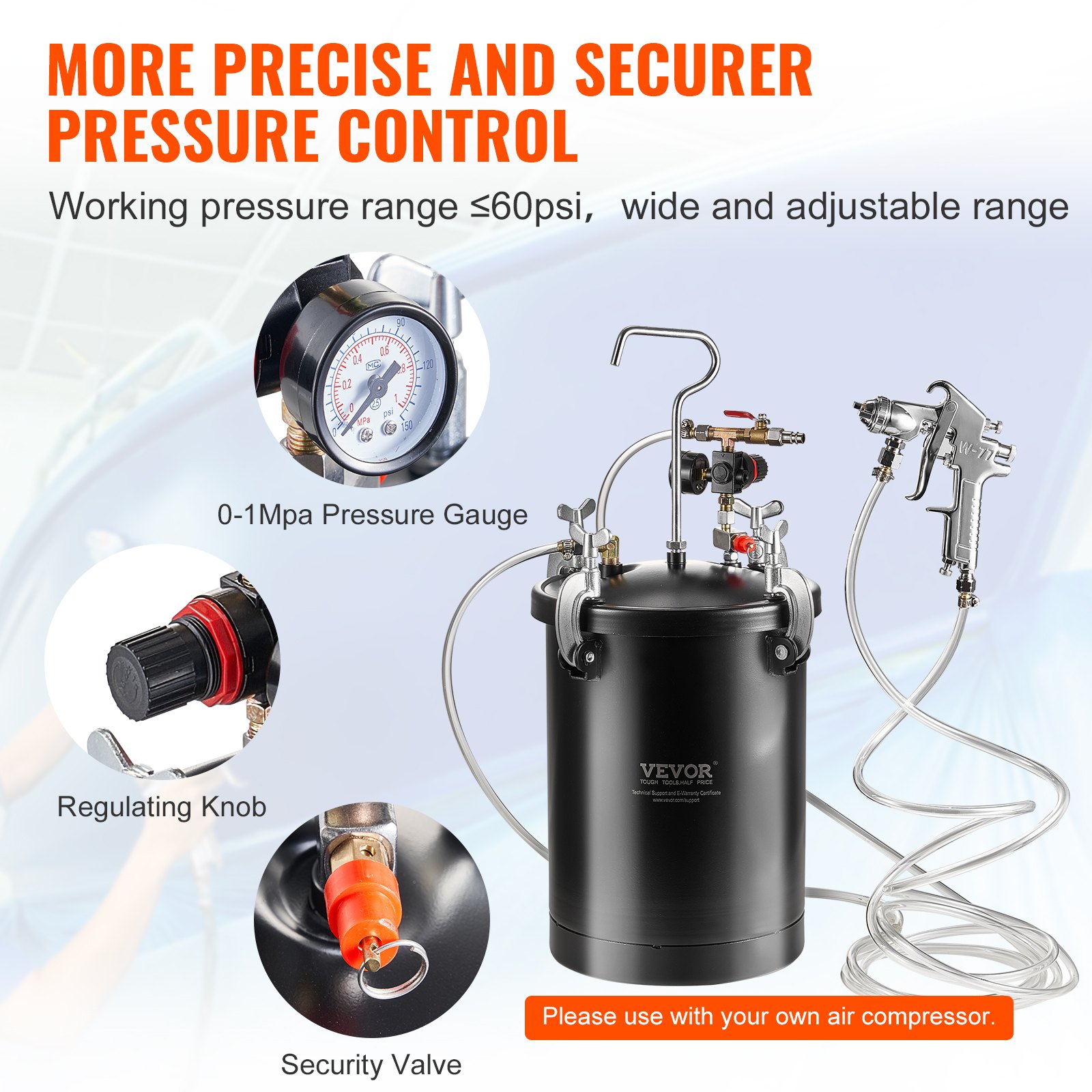 VEVOR Spray Paint Pressure Pot, 15L/3.75gal Pressure Pot Tank, 60 psi Adjustale Pressure, Steel Pressure Pot Paint Tank with Spray Gun, Hoses, Pressure Gauge, for Home Decor and Industry Painting