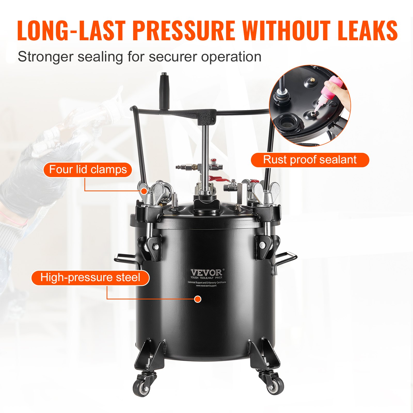 VEVOR Spray Paint Pressure Pot, 20L/5gal Pressure Pot Tank, 70 psi Adjustale Pressure, Steel Pressure Pot Paint Tank with Casters and Leak Repair Sealant, for Home Decor and Industry Painting