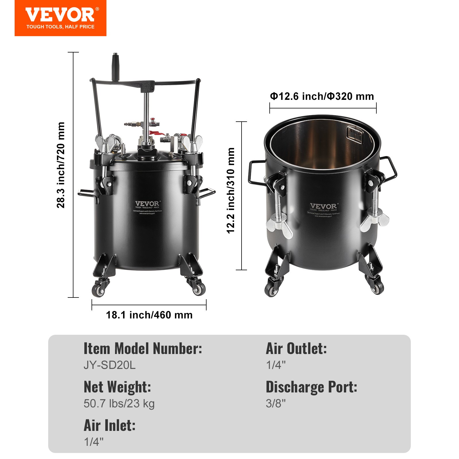 VEVOR Spray Paint Pressure Pot, 20L/5gal Pressure Pot Tank, 70 psi Adjustale Pressure, Steel Pressure Pot Paint Tank with Casters and Leak Repair Sealant, for Home Decor and Industry Painting