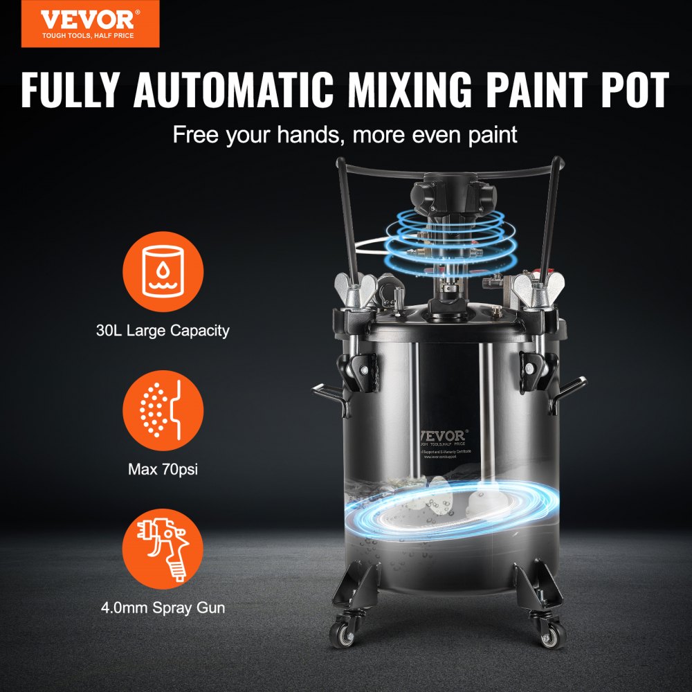 VEVOR Spray Paint Pressure Pot, 30 L/7.5 gal Fully Automatic Stirring Pressure Pot Tank, 70 psi Adjustale Pressure, Pressure Pot Paint Tank with Spray Gun and Hoses, for Home Decor Industry Painting