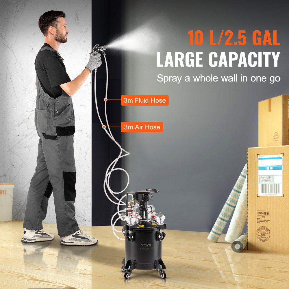 VEVOR Spray Paint Pressure Pot, 10 L/2.5 gal Fully Automatic Stirring Pressure Pot Tank, 70 psi Adjustale Pressure, Pressure Pot Paint Tank with Spray Gun and Hoses, for Home Decor Industry Painting