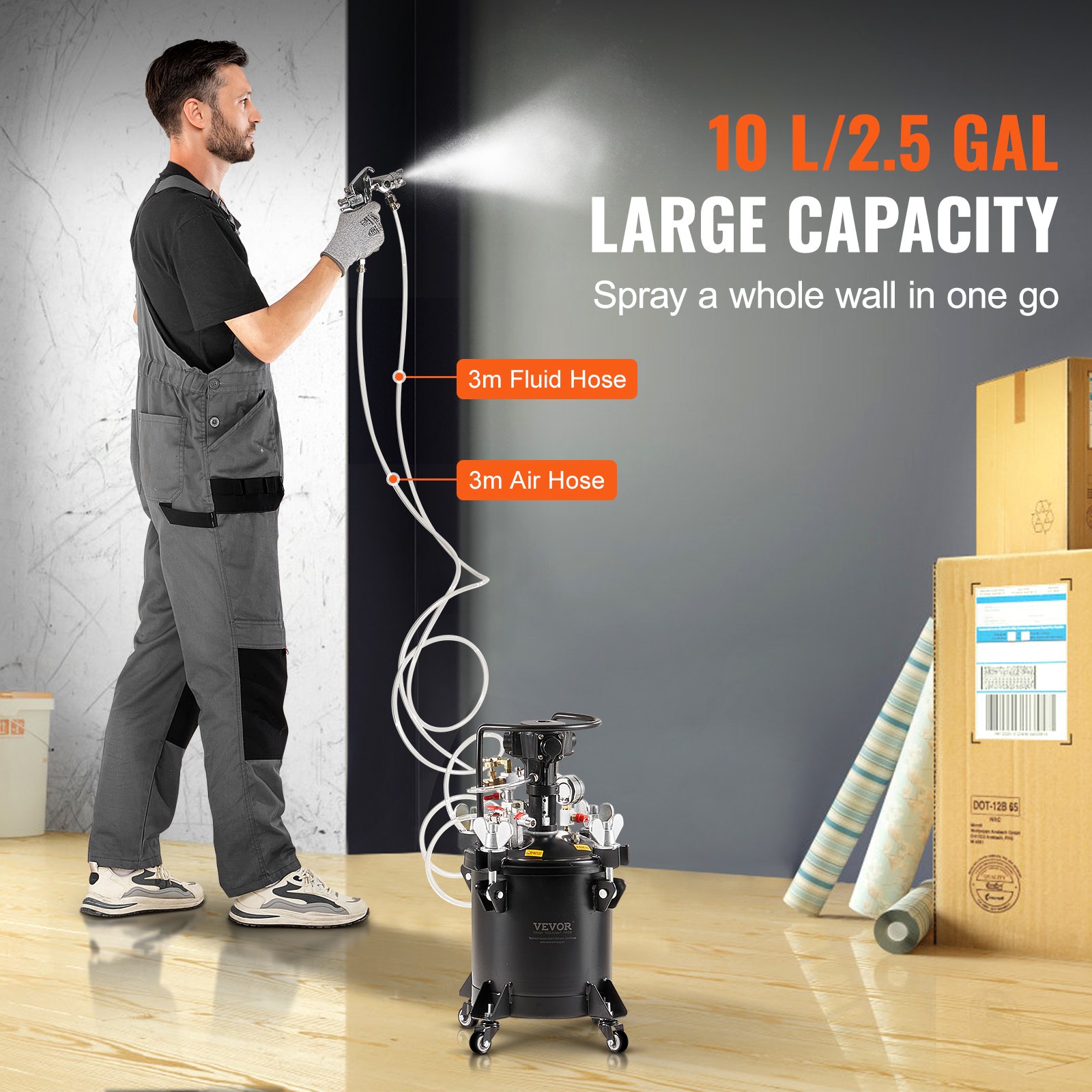 VEVOR Spray Paint Pressure Pot, 10 L/2.5 gal Fully Automatic Stirring Pressure Pot Tank, 70 psi Adjustale Pressure, Pressure Pot Paint Tank with Spray Gun and Hoses, for Home Decor Industry Painting
