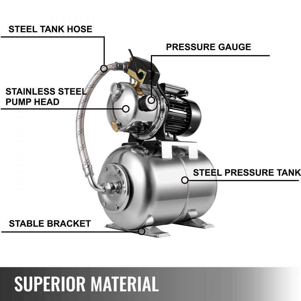 Vevor Shallow Well Jet Pump Stainless Steel Well Jet Pump1000w W/4.8 Gallon Tank