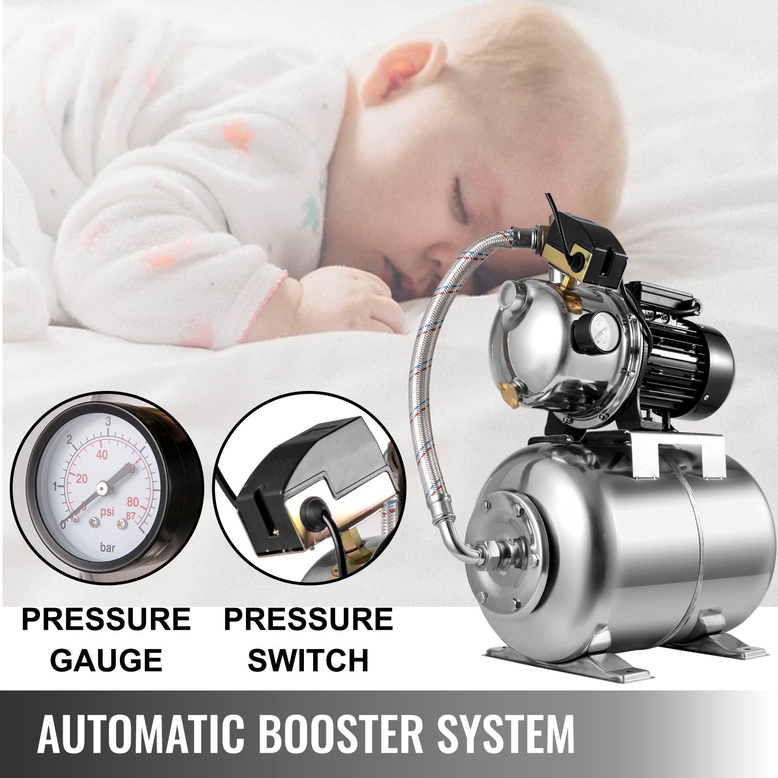 Vevor Shallow Well Jet Pump Stainless Steel Well Jet Pump1000w W/4.8 Gallon Tank