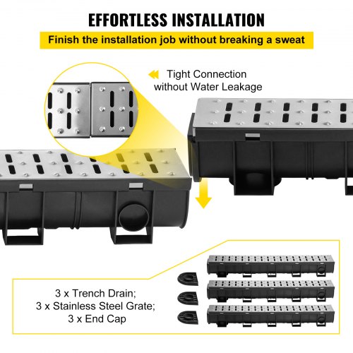 VEVOR Trench Drain System, Channel Drain with Metal Grate, 5.9x5.1-Inch HDPE Drainage Trench, Black Plastic Garage Floor Drain, 3x39 Trench Drain Grate, with 3 End Caps, for Garden, Driveway-3 Pack