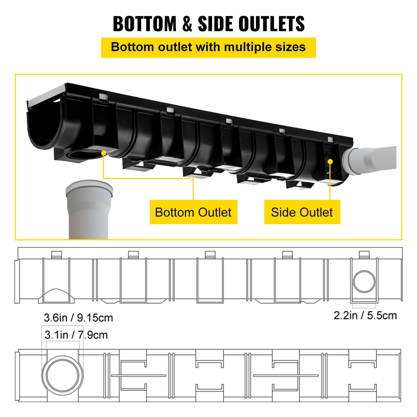VEVOR Trench Drain System, Channel Drain with Metal Grate, 5.9x5.1-Inch HDPE Drainage Trench, Black Plastic Garage Floor Drain, 3x39 Trench Drain Grate, with 3 End Caps, for Garden, Driveway-3 Pack