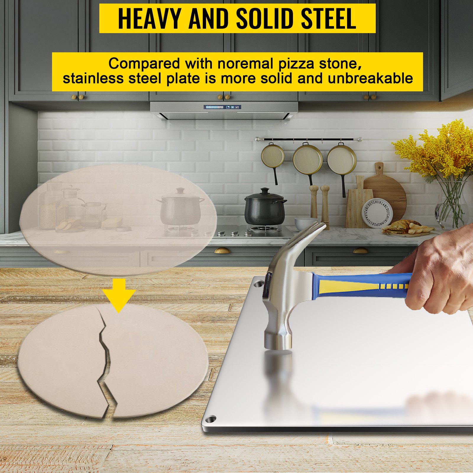 VEVOR Baking Steel Pizza, Square Steel Pizza Stone, 14" x 14" Steel Pizza Plate, 0.4"Thick Steel Pizza Pan, High-Performance Pizza Steel for Oven, Baking Surface for Oven Cooking and Baking