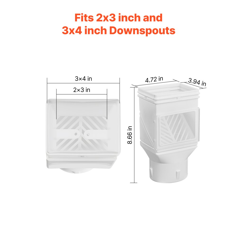 VEVOR Gutter Downspouts, Downspout Diverter Rainwater Collection System Fits for 2x3 or 3x4 Inch Standard Inlet and Φ4inch Outlet, Flexible Rain Water Barrel Kit with Mesh Screen & Transparent, White