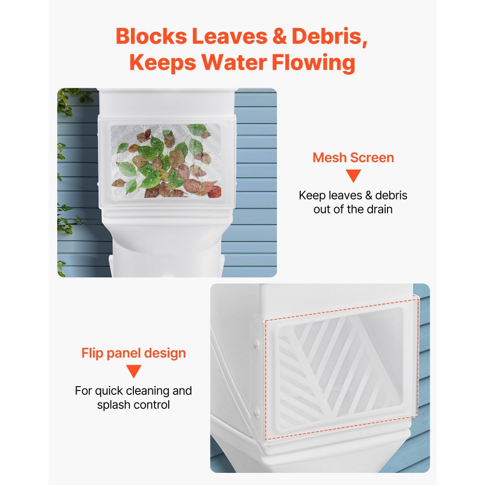 VEVOR Gutter Downspouts, Downspout Diverter Rainwater Collection System Fits for 2x3 or 3x4 Inch Standard Inlet and Φ4inch Outlet, Flexible Rain Water Barrel Kit with Mesh Screen & Transparent, White