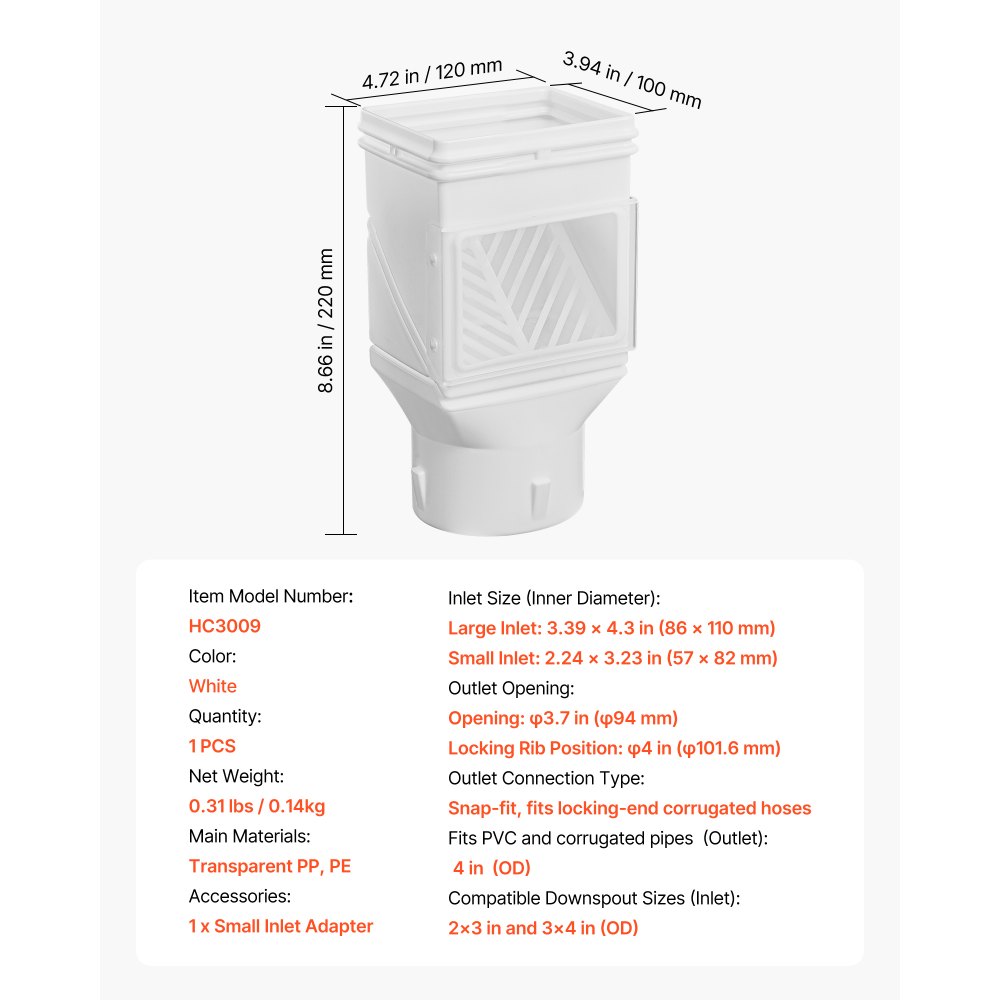 VEVOR Gutter Downspouts, Downspout Diverter Rainwater Collection System Fits for 2x3 or 3x4 Inch Standard Inlet and Φ4inch Outlet, Flexible Rain Water Barrel Kit with Mesh Screen & Transparent, White