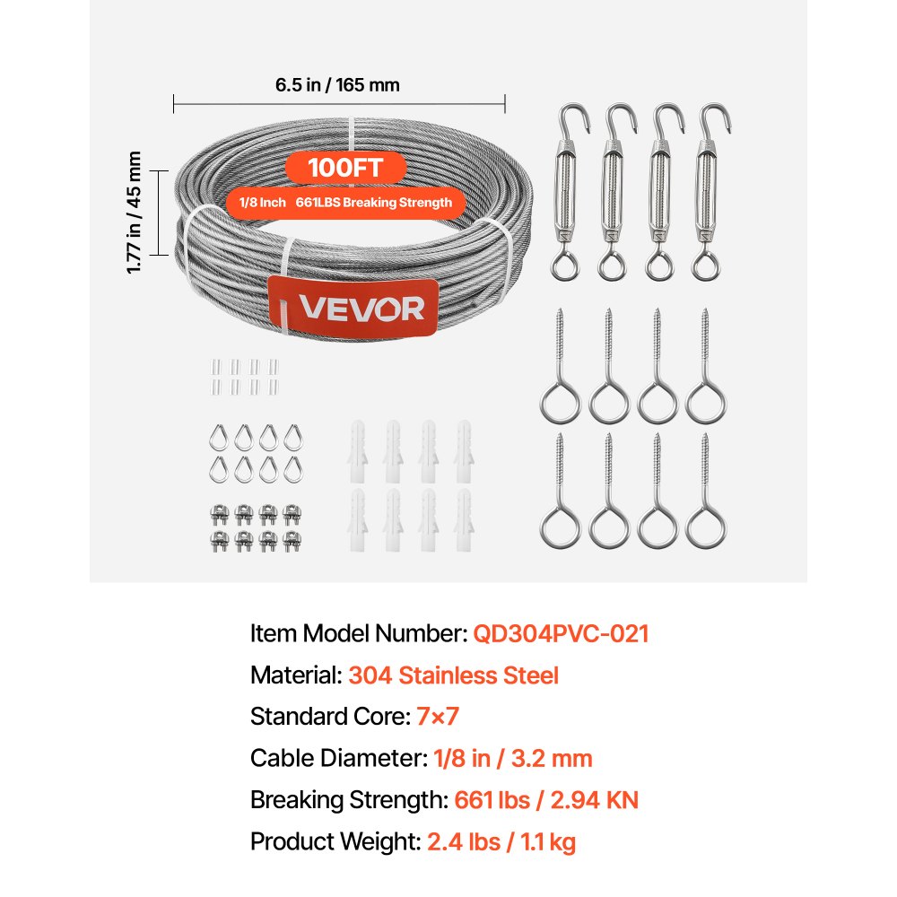 VEVOR 3.2 mm Wire Rope Kit, 30.5 m Length, 304 Stainless Steel Wire Cable, 2.9 kN Breaking Strength, 7 x 7 Strands Construction, Steel Cable for Deck Railing System, Garden Trellis, String Lights
