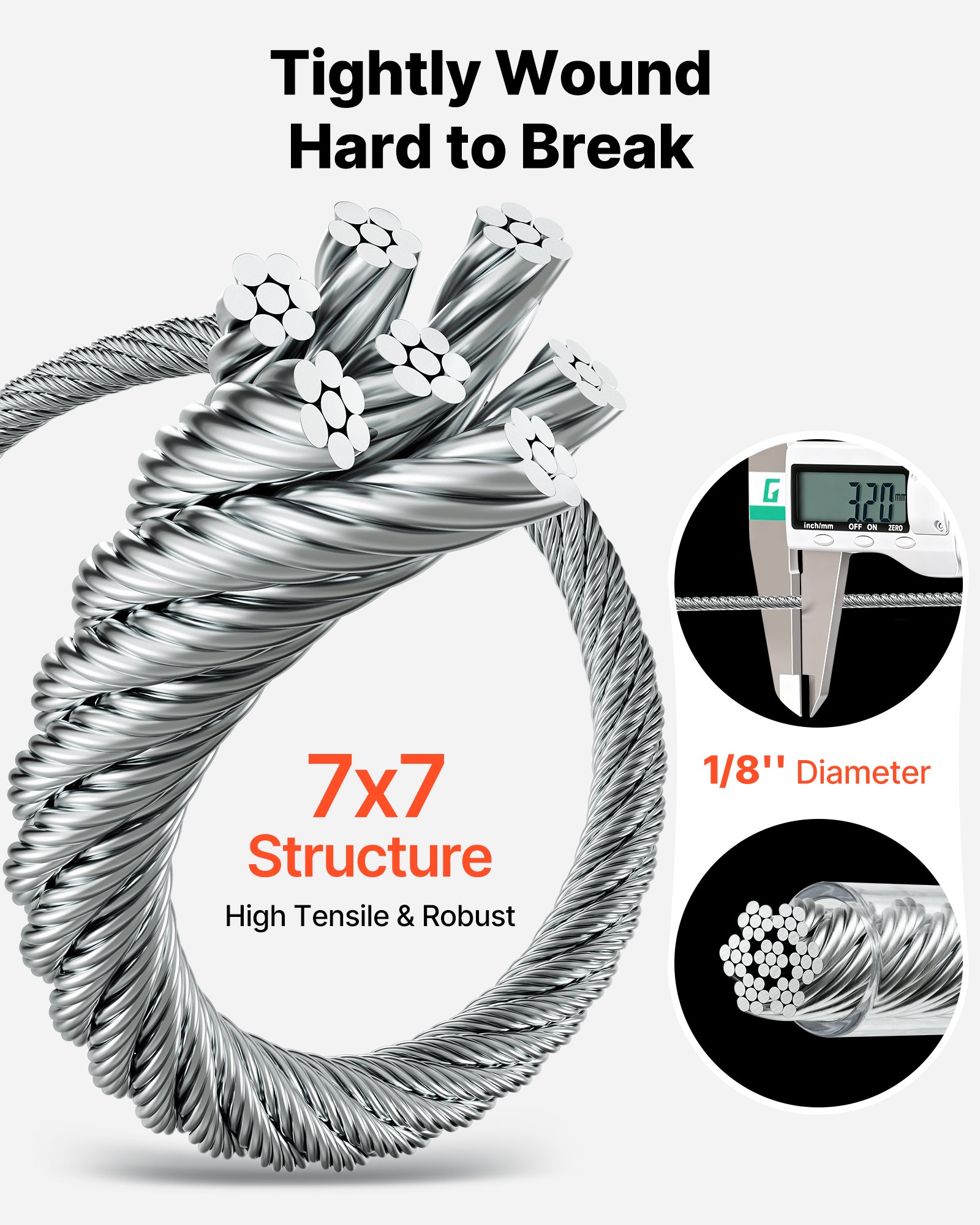 VEVOR 3.2 mm Wire Rope Kit, 30.5 m Length, 304 Stainless Steel Wire Cable, 2.9 kN Breaking Strength, 7 x 7 Strands Construction, Steel Cable for Deck Railing System, Garden Trellis, String Lights