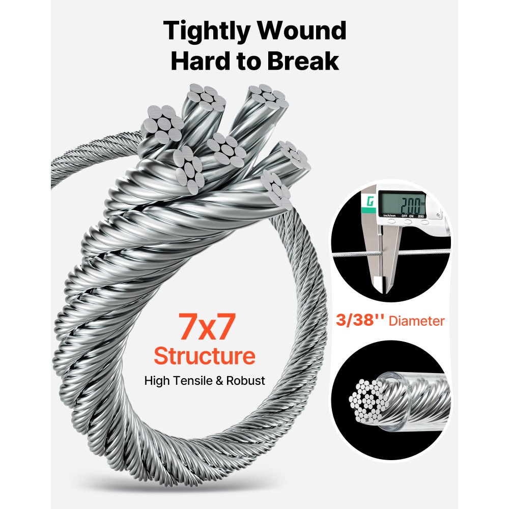 VEVOR 2 mm Wire Rope Kit, 35.1 m Length, 304 Stainless Steel Wire Cable, 2 kN Breaking Strength, 7 x 7 Strands Construction, Steel Cable for Deck Railing System, Garden Trellis, String Lights