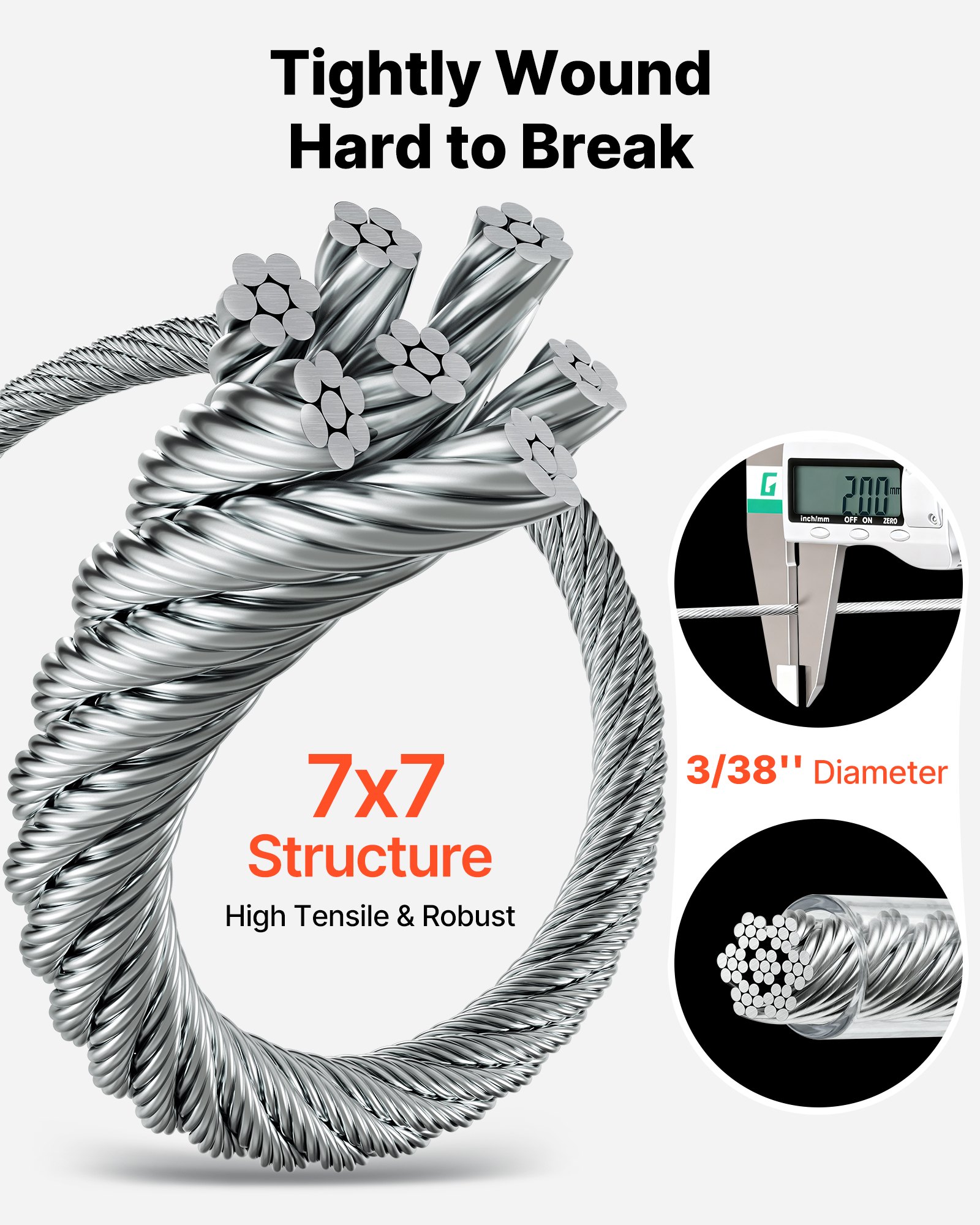 VEVOR 2 mm Wire Rope Kit, 35.1 m Length, 304 Stainless Steel Wire Cable, 2 kN Breaking Strength, 7 x 7 Strands Construction, Steel Cable for Deck Railing System, Garden Trellis, String Lights