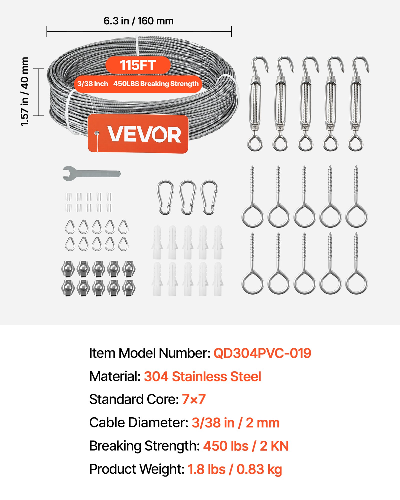 VEVOR 2 mm Wire Rope Kit, 35.1 m Length, 304 Stainless Steel Wire Cable, 2 kN Breaking Strength, 7 x 7 Strands Construction, Steel Cable for Deck Railing System, Garden Trellis, String Lights