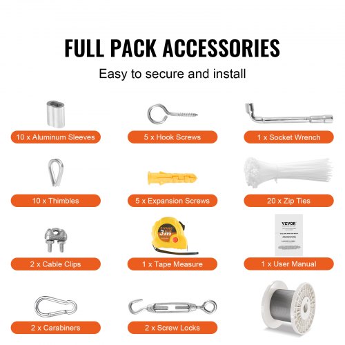Wire Rope Kit 100ft VEVOR 1/8" Stainless Steel Wire Rope Kit – 100 Ft 304 Cable With 59 Accessories, 650 Lbs Strength For Railings, Fencing, Outdoor Use Aircraft Cable