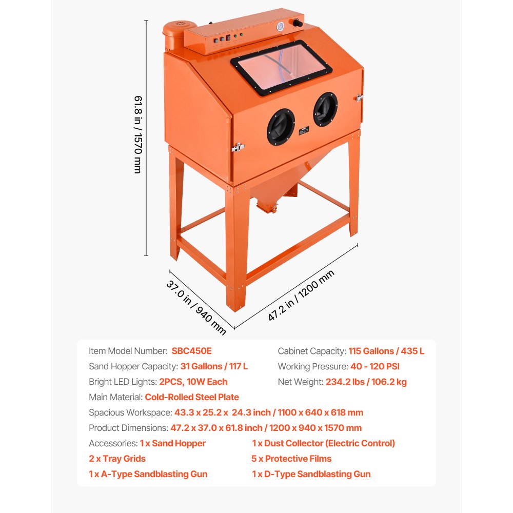 VEVOR 115 Gallon Sandblasting Cabinet, Heavy Duty Steel Sand Blasting Cabinet with 31-Gallon Media Hopper, Dual Blasting Guns & 1.6HP Dust Collector for Oversized Parts Surface Finishing, Rust Removal