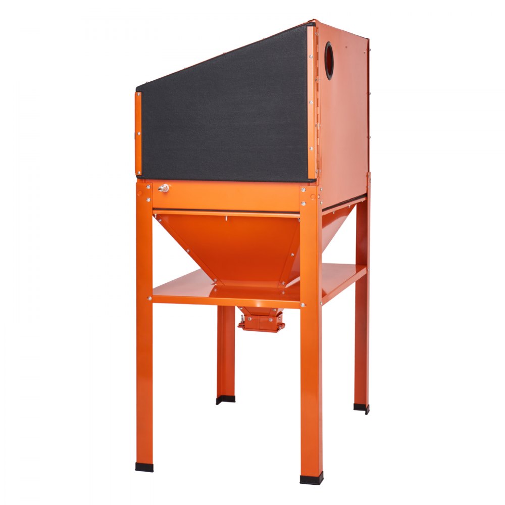 Armario de chorro de arena VEVOR en color naranja con sección superior negra y patas de acero resistentes.