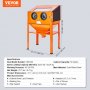 Cabina de chorro de arena naranja VEVOR sbc200 con especificaciones y descripción de dimensiones.