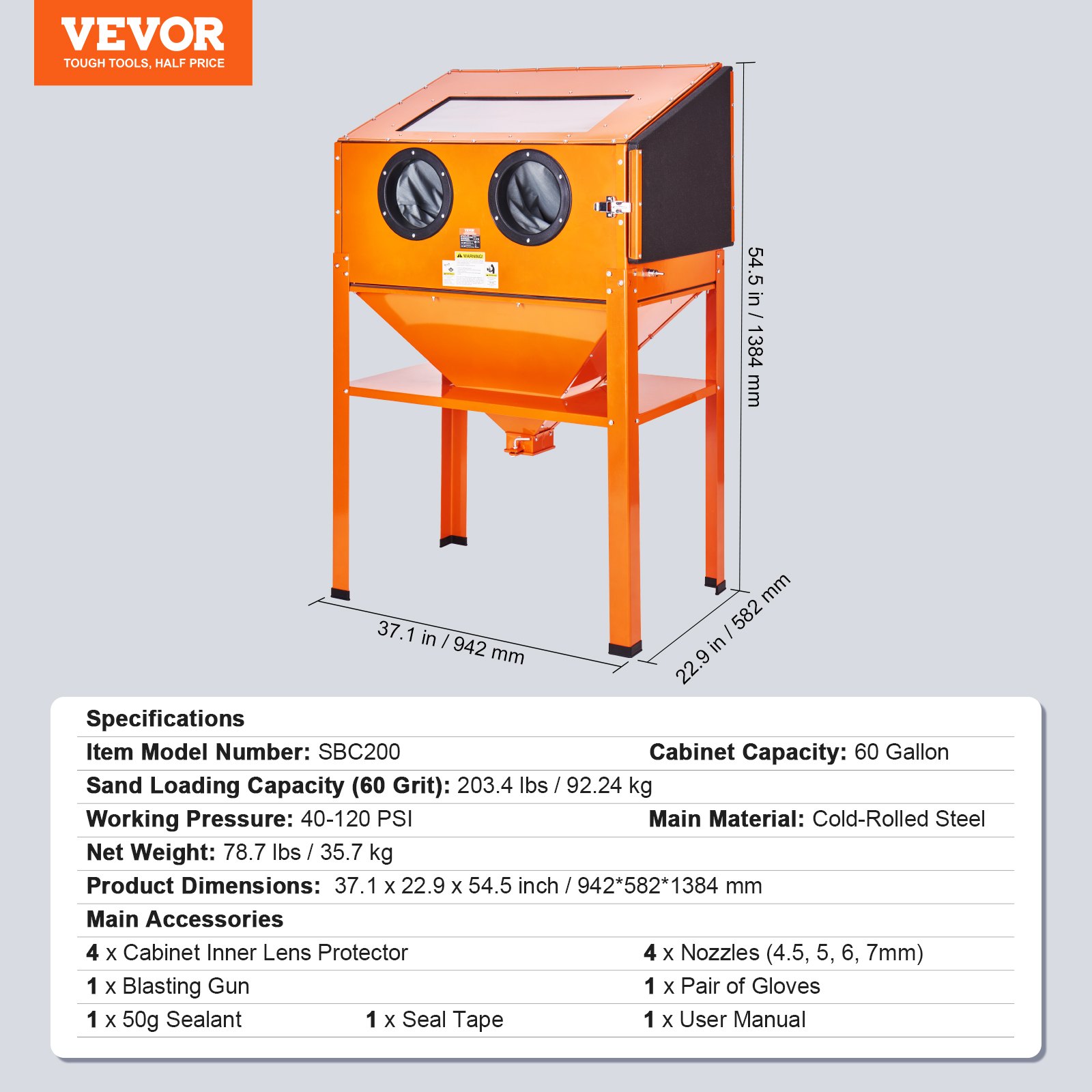 Cabina de chorro de arena naranja VEVOR sbc200 con especificaciones y descripción de dimensiones.
