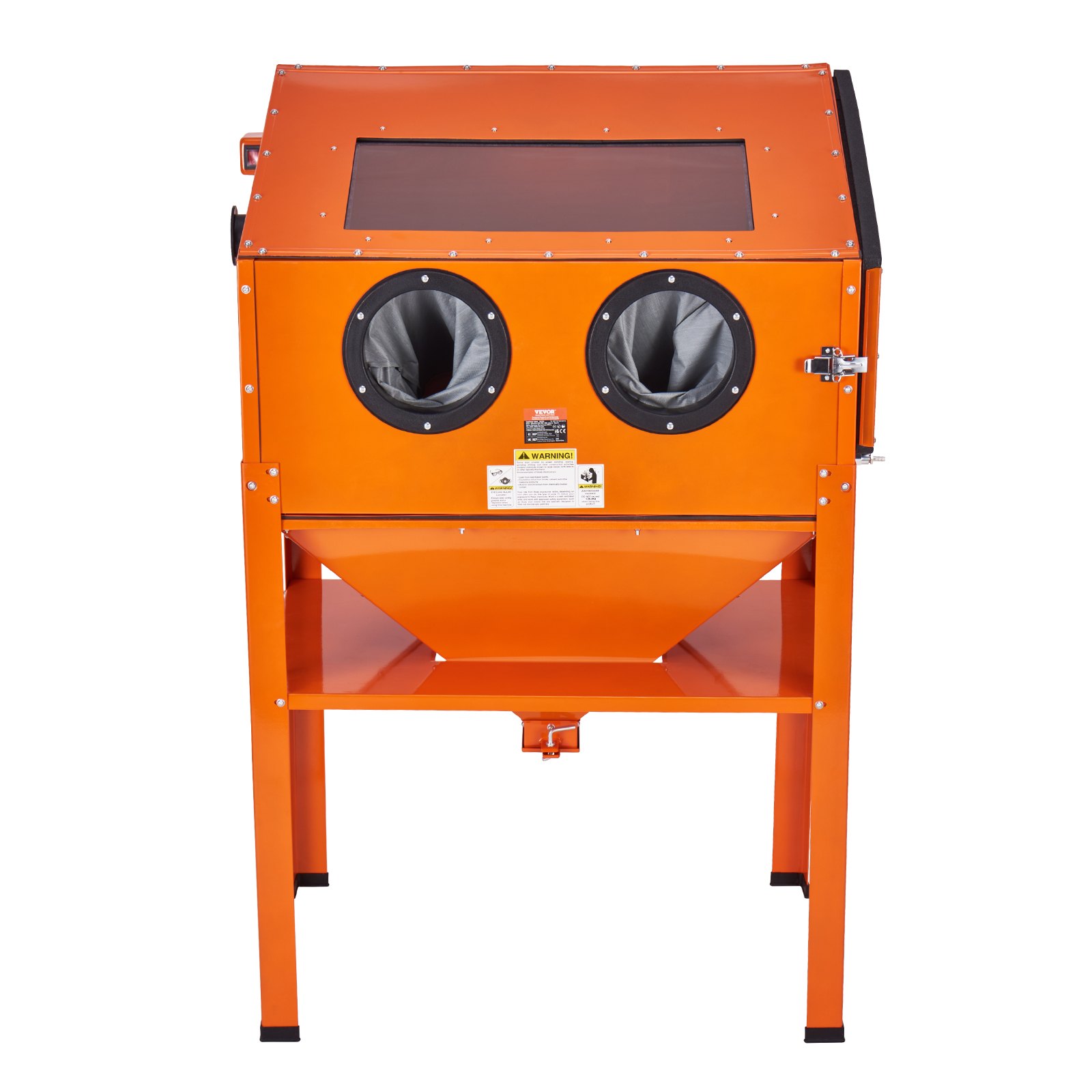 Cabina de chorro de arena VEVOR naranja con guantes y ventana de visualización, diseñada para un chorro abrasivo eficiente.
