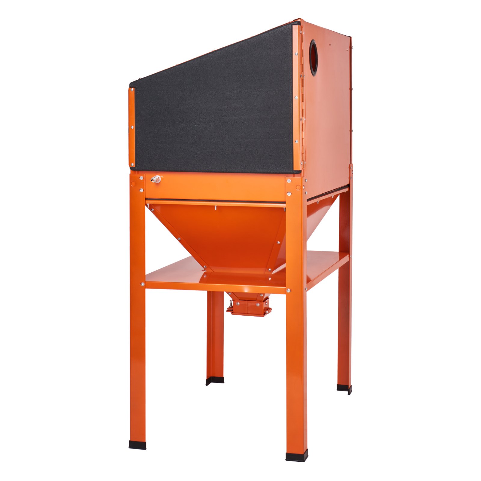 Armario de chorro de arena VEVOR en color naranja con sección superior negra y patas de acero resistentes.