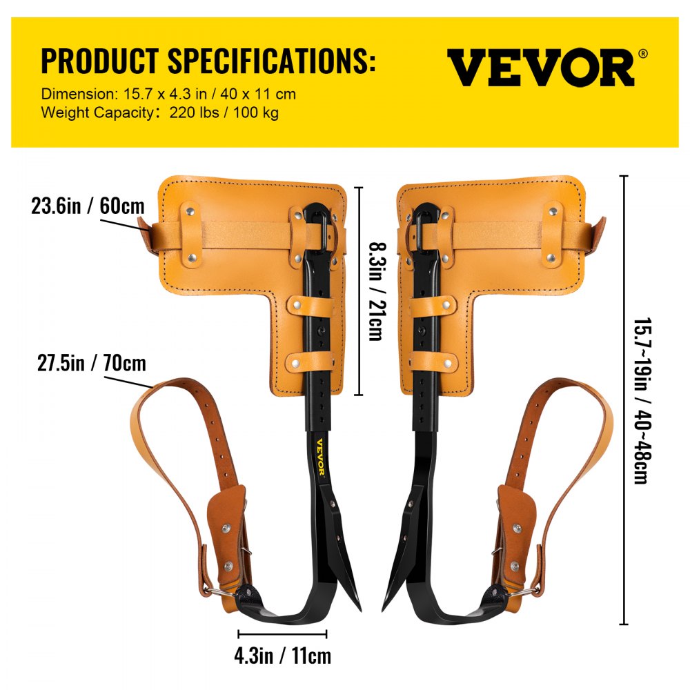 VEVOR Tree Climbing Spikes, 1 Pair Alloy Steel Pole Climbing Spurs, with Adjustable Height and Cow Leather Straps, Arborist Equipment for Climbers, Logging, Hunting Observation, Fruit Picking