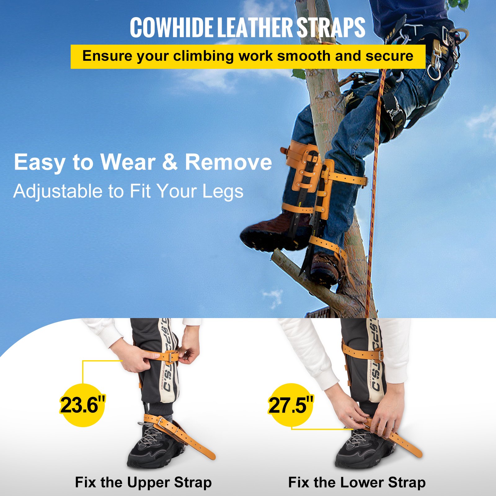 VEVOR Tree Climbing Spikes, 1 Pair Alloy Steel Pole Climbing Spurs, with Adjustable Height and Cow Leather Straps, Arborist Equipment for Climbers, Logging, Hunting Observation, Fruit Picking