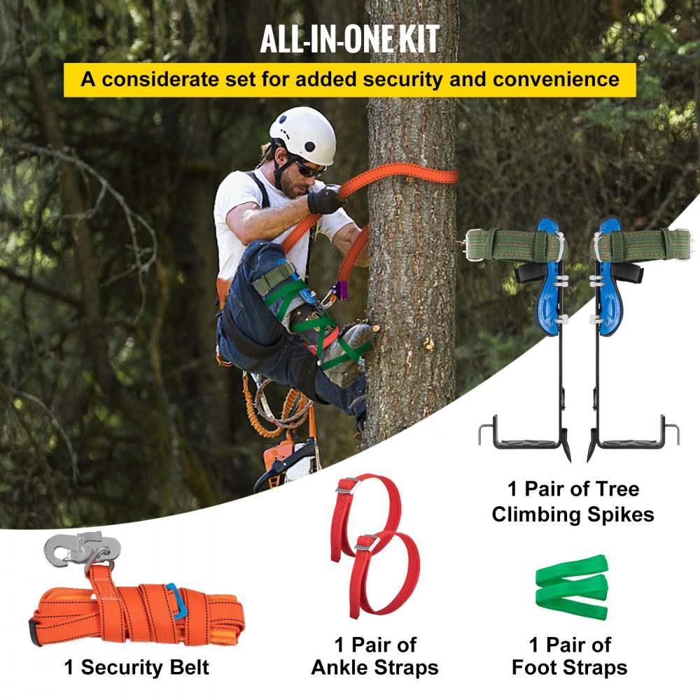 VEVOR Tree Climbing Spikes, 4 in 1 Alloy Metal Adjustable Pole Climbing Spurs, w/Security Belt & Foot Ankle Straps, Arborist Equipment for Climbers, Logging, Hunting Observation, Fruit Picking