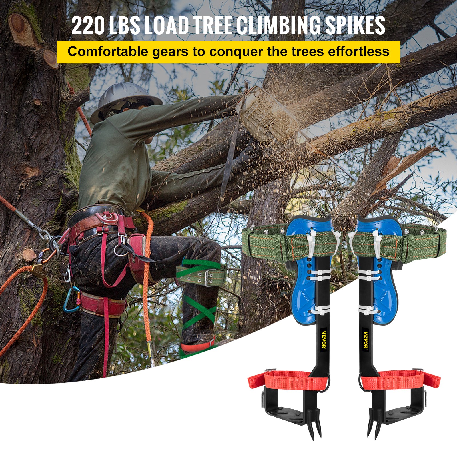 VEVOR Tree Climbing Spikes, 4 in 1 Alloy Metal Adjustable Pole Climbing Spurs, w/Security Belt & Foot Ankle Straps, Arborist Equipment for Climbers, Logging, Hunting Observation, Fruit Picking