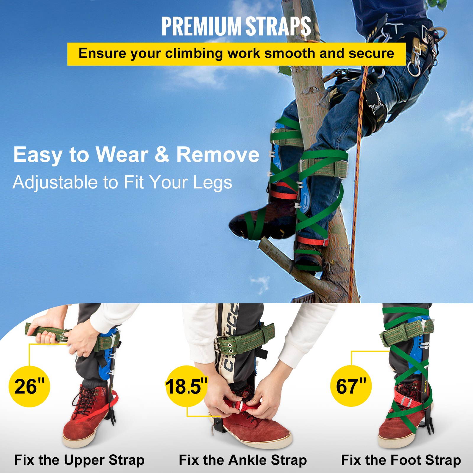 VEVOR Tree Climbing Spikes, 4 in 1 Alloy Metal Adjustable Pole Climbing Spurs, w/Security Belt & Foot Ankle Straps, Arborist Equipment for Climbers, Logging, Hunting Observation, Fruit Picking