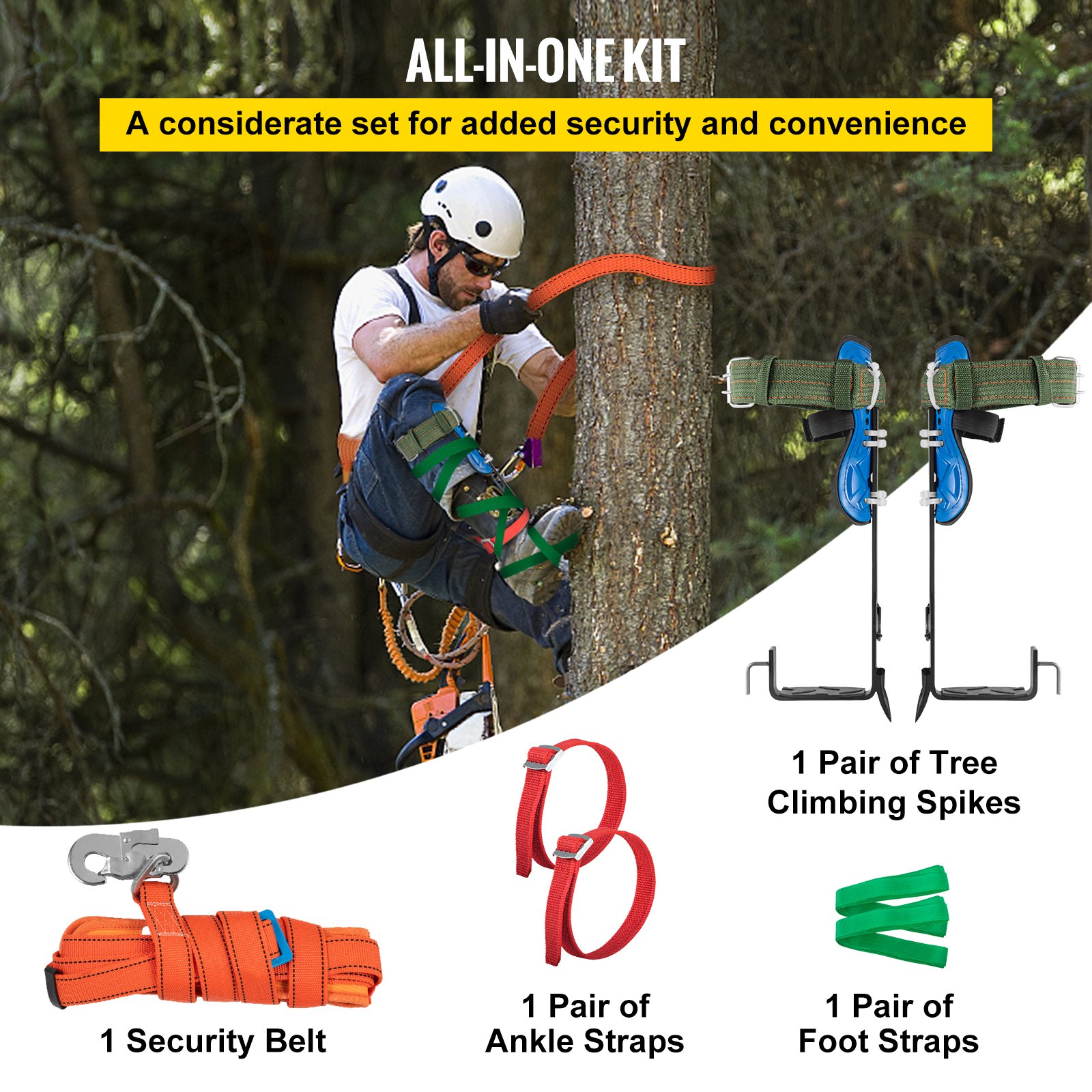VEVOR Tree Climbing Spikes, 4 in 1 Alloy Metal Adjustable Pole Climbing Spurs, w/Security Belt & Foot Ankle Straps, Arborist Equipment for Climbers, Logging, Hunting Observation, Fruit Picking