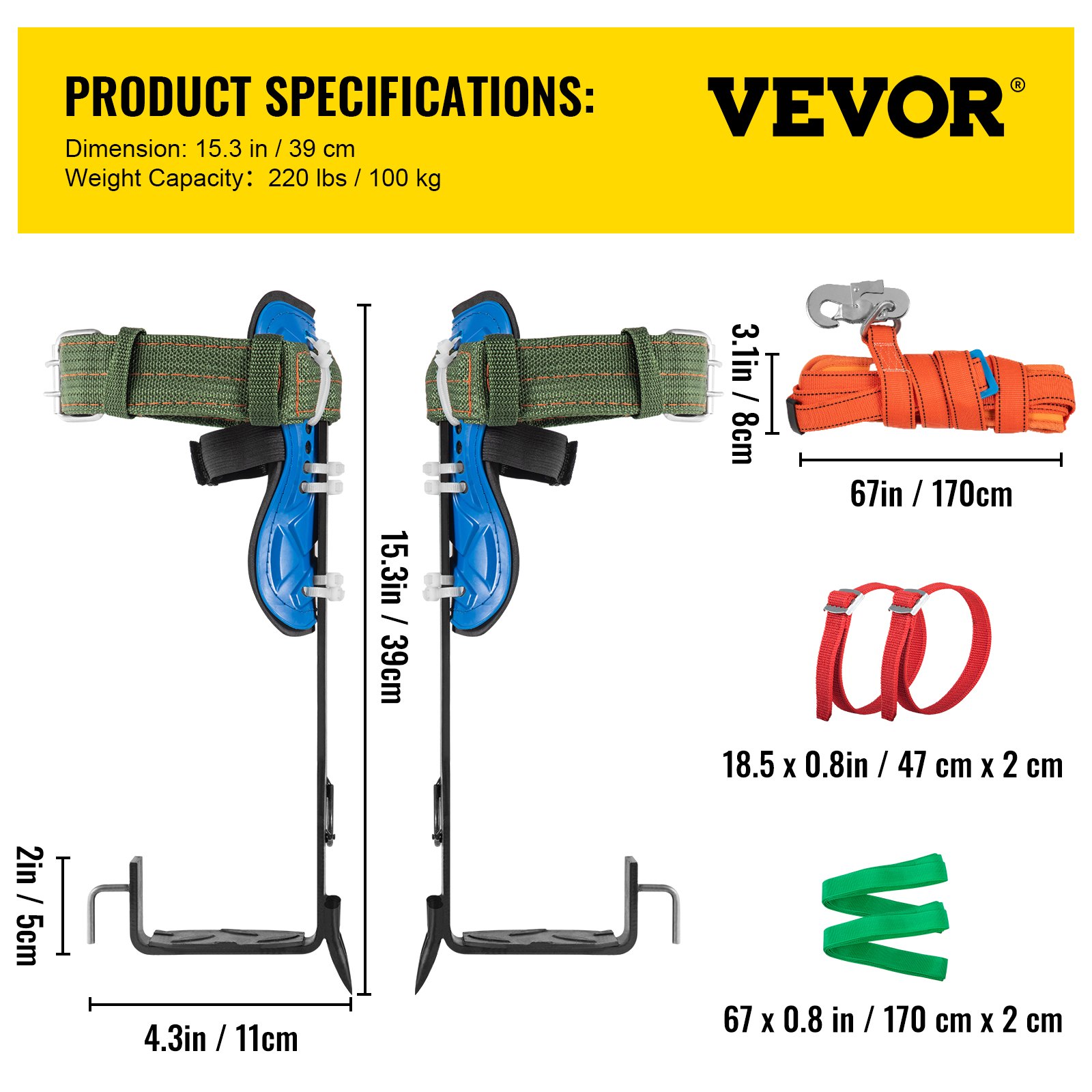 VEVOR Tree Climbing Spikes, 4 in 1 Alloy Metal Adjustable Pole Climbing Spurs, w/Security Belt & Foot Ankle Straps, Arborist Equipment for Climbers, Logging, Hunting Observation, Fruit Picking