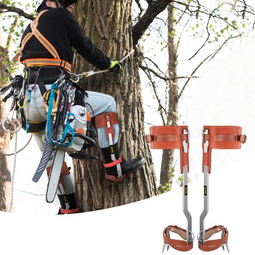 VEVOR Tree Climbing Spikes, 1 Pair Stainless Steel Pole Climbing Spurs, w/Adjustable Straps and Cow Leather Padding, Arborist Equipment for Climbers, Logging, Hunting Observation, Fruit Picking