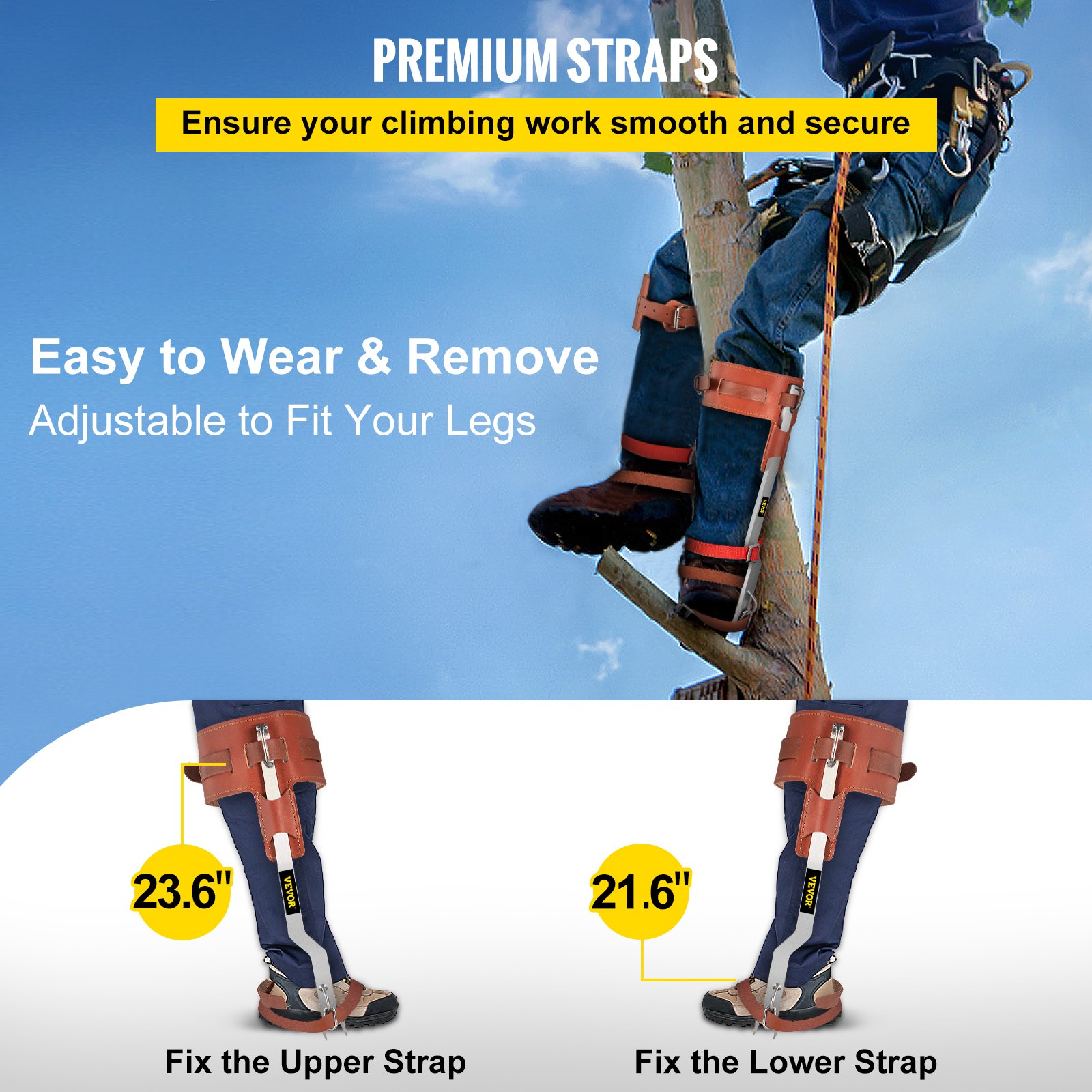 VEVOR Tree Climbing Spikes, 1 Pair Stainless Steel Pole Climbing Spurs, with Adjustable Straps and Cow Leather Padding, Arborist Equipment for Climbers, Logging, Hunting Observation, Fruit Picking