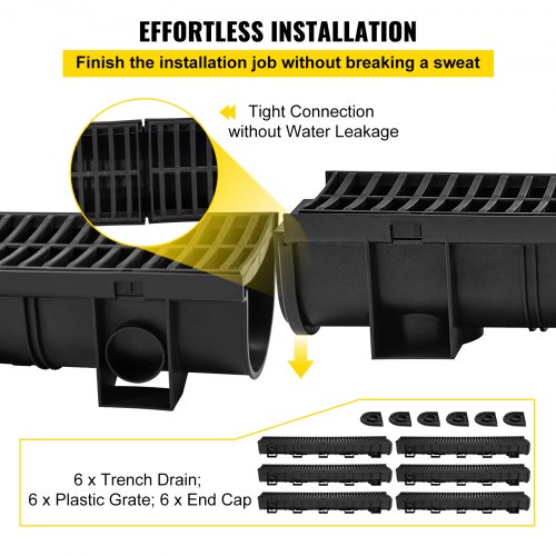 VEVOR Trench Drain System, Channel Drain with Plastic Grate, 5.9x5.1-Inch HDPE Drainage Trench, Black Plastic Garage Floor Drain, 6x39 Trench Drain Grate, with 6 End Caps, for Garden, Driveway-6 Pack