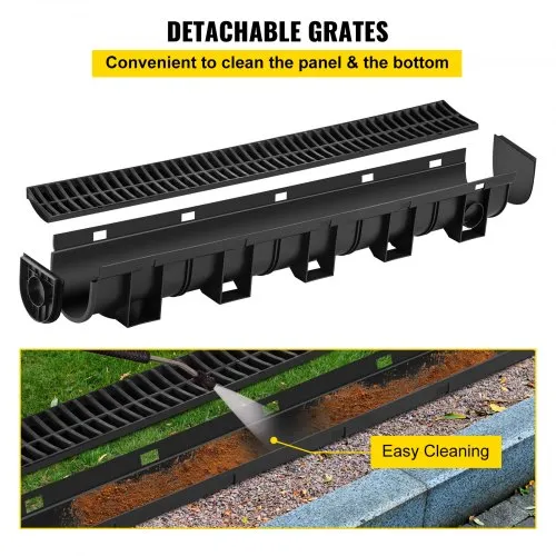 VEVOR Trench Drain System, Channel Drain with Plastic Grate, 5.9x5.1-Inch HDPE Drainage Trench, Black Plastic Garage Floor Drain, 6x39 Trench Drain Grate, with 6 End Caps, for Garden, Driveway-6 Pack
