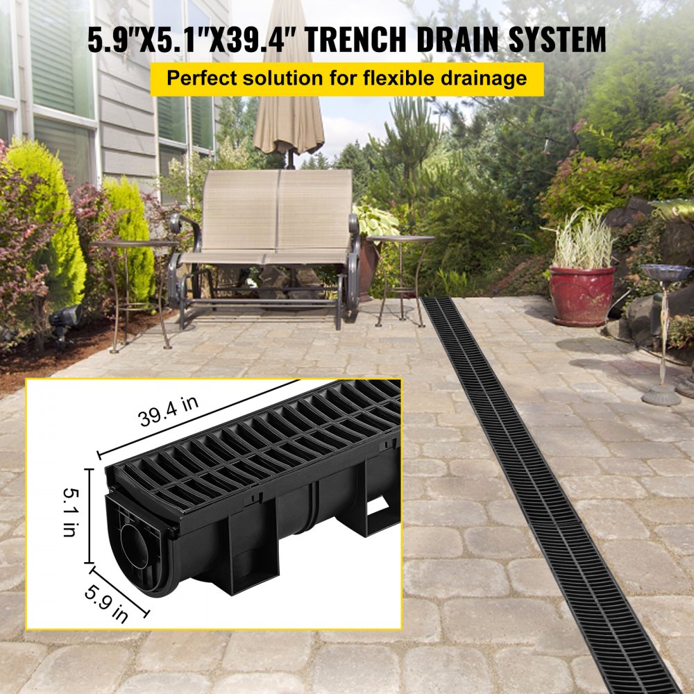 VEVOR Trench Drain System, Channel Drain with Plastic Grate, 150x130MM HDPE Drainage Trench, Black Plastic Garage Floor Drain, 6x39 Trench Drain Grate, with 6 End Caps, for Garden, Driveway-6 Pack