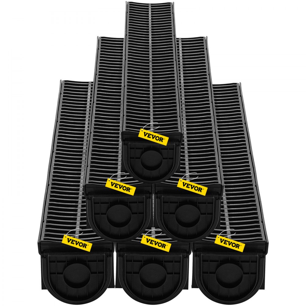 VEVOR Trench Drain System, Channel Drain with Plastic Grate, 150x130MM HDPE Drainage Trench, Black Plastic Garage Floor Drain, 6x39 Trench Drain Grate, with 6 End Caps, for Garden, Driveway-6 Pack